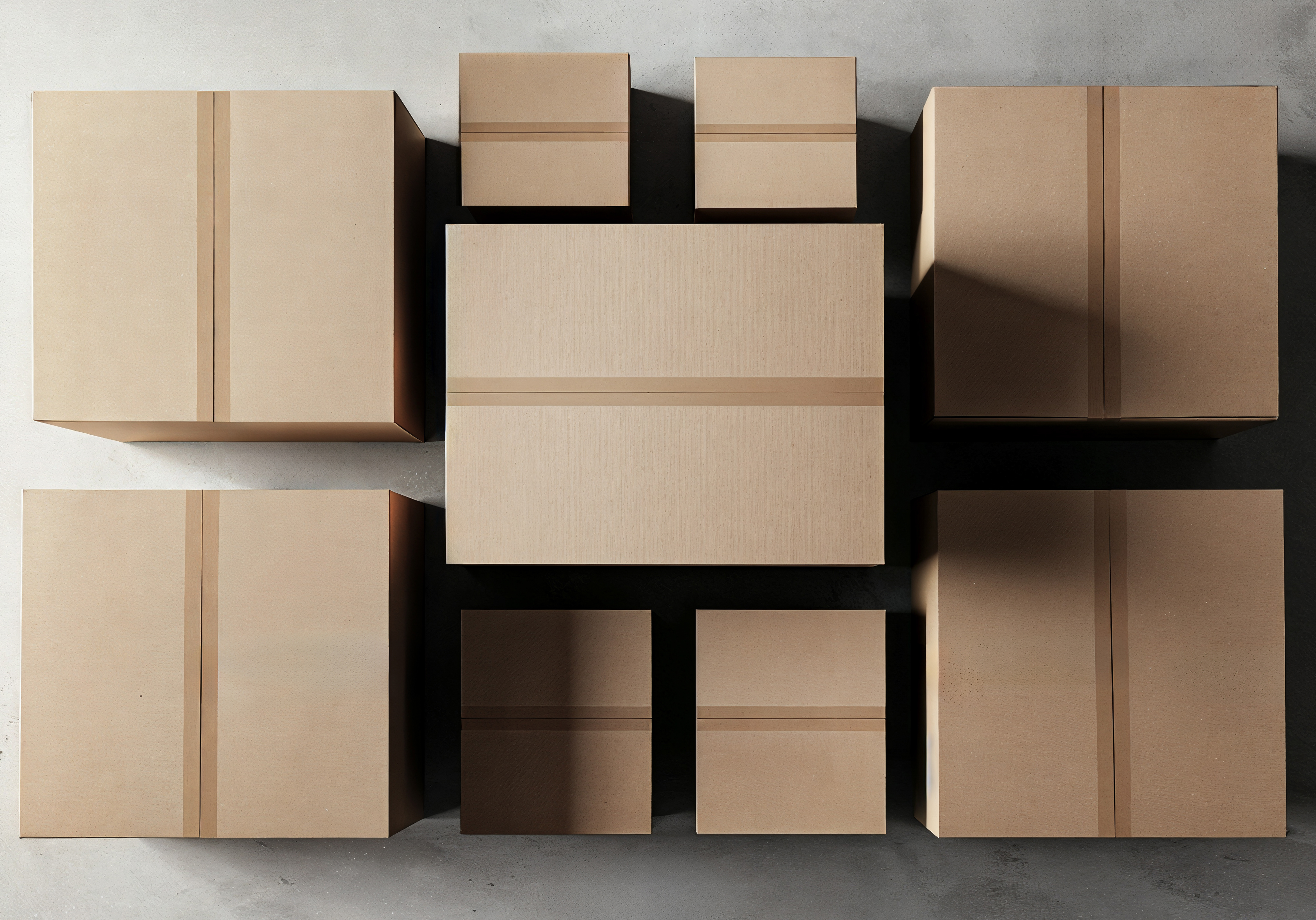 Top-down view of sealed brown custom size cardboard boxes neatly arranged on a grey surface.